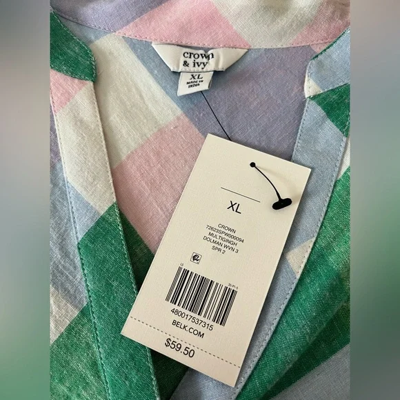 Crown & Ivy Belk Dolman Sleeve Split Neck Linen Blend Plaid Top XL NWT - Picture 6 of 7